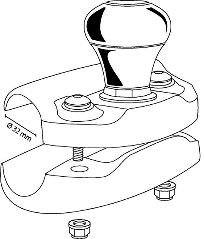 Et tværsnitsdiagram af et dørhåndtag med skruer. Diameteren er 32 mm, egnet til dørrammer.
