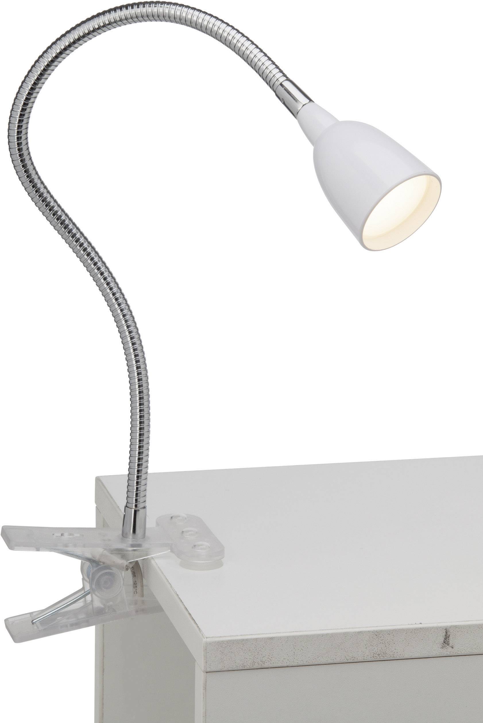 En hvid skrivebordslampe med fleksibel hals og klembeslag, der kan fastgøres ved bordkanten.