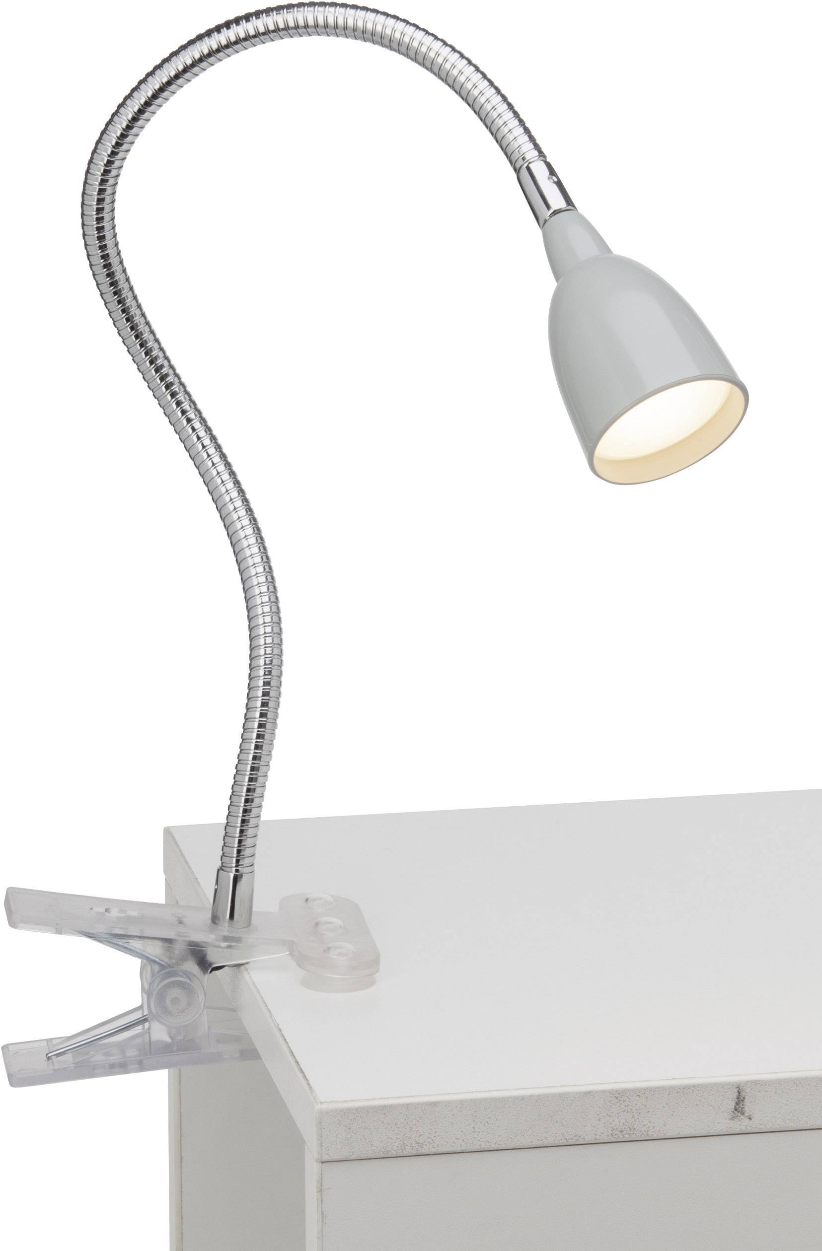 Fleksibel skrivebordslampe med klemme, der kan fastgøres ved bordkanten. Lampen har en bøjelig arm og udsender et kraftigt lys.