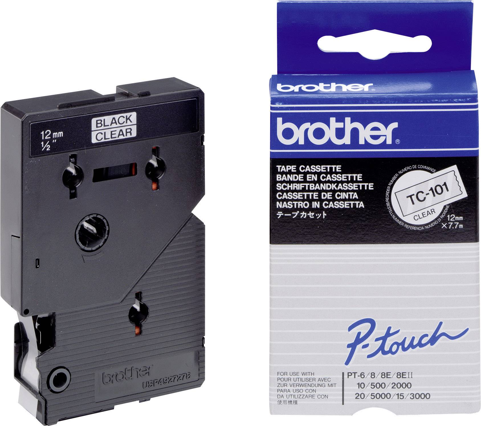 'Brother P-touch' labelbåndkassette TC-101, sort på klar, 12 mm, til labelprinter. Emballage og kassette vist.