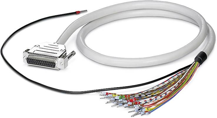 Kabelstamme med flere farvede kabler og en metallisk stik med 25 ben, som bruges til elektroniske forbindelser.