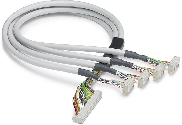 Grå kabelsamling pakket med flere stikforbindelser og farvede ledninger, egnet til elektroniske tilslutninger.