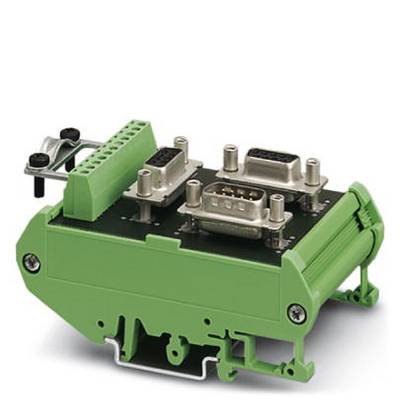 Grøn klemme med flere stikforbindelser, herunder D-Sub-tilslutninger, monteret på en sort base, sandsynligvis til industrielle anvendelser.
