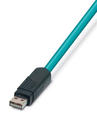 Et blåt USB-kabel med sort stik i venstre ende på hvid baggrund.