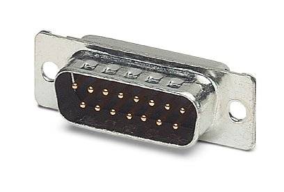 Metallisk stikforbinder med 15 små kobberkontrakter arrangeret i tre rækker, typisk for serielle grænseflader.