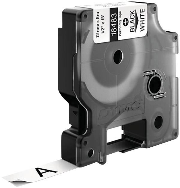 Sort skrift på hvid Dymo etiketbåndskassette, bredde 12 mm, længde 5 m. Kassette til labelprinter.