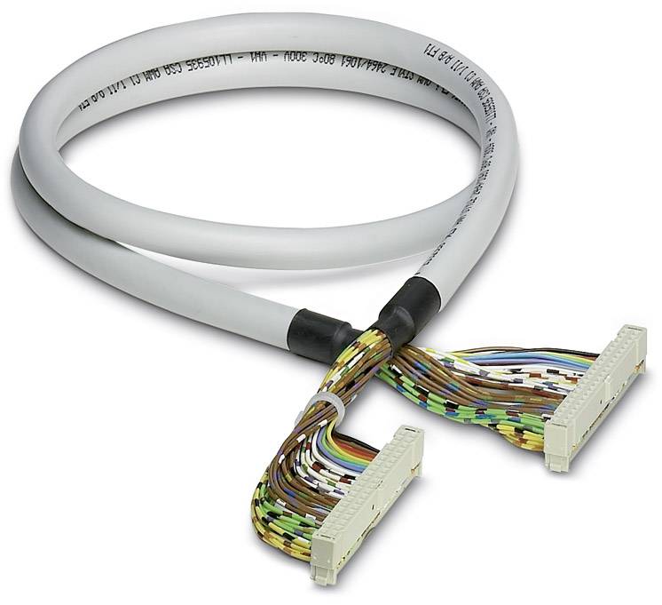 Et gråt kabel med to stikforbindelser i hver ende. Det viser forskellige farvede ledninger, der stikker ud fra en vævet kabelkappe.
