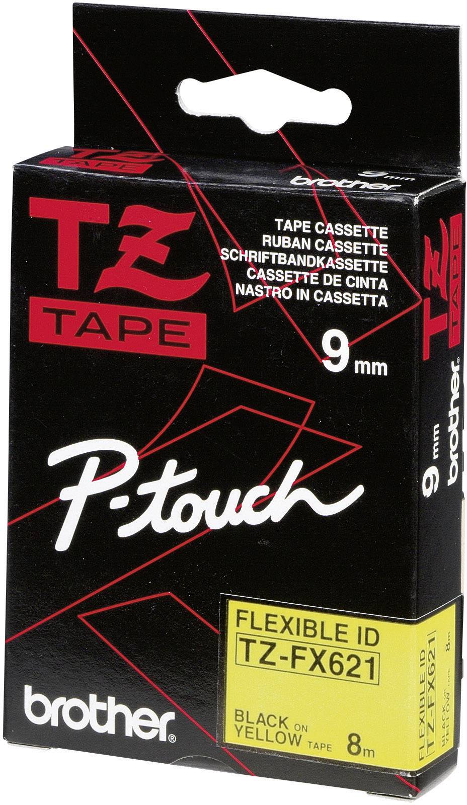 'P-touch' Brother-kassette, 9 mm, fleksibel ID TZ-FX621, sort tekst på gul tape, 8 meter lang; forsiden af emballagen.