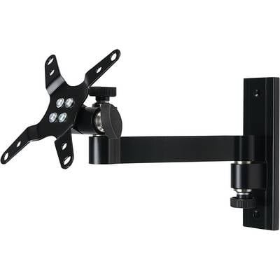 Sort TV-vægbeslag med svingbar arm, egnet til små til mellemstore skærme, monteret på en metalplade.