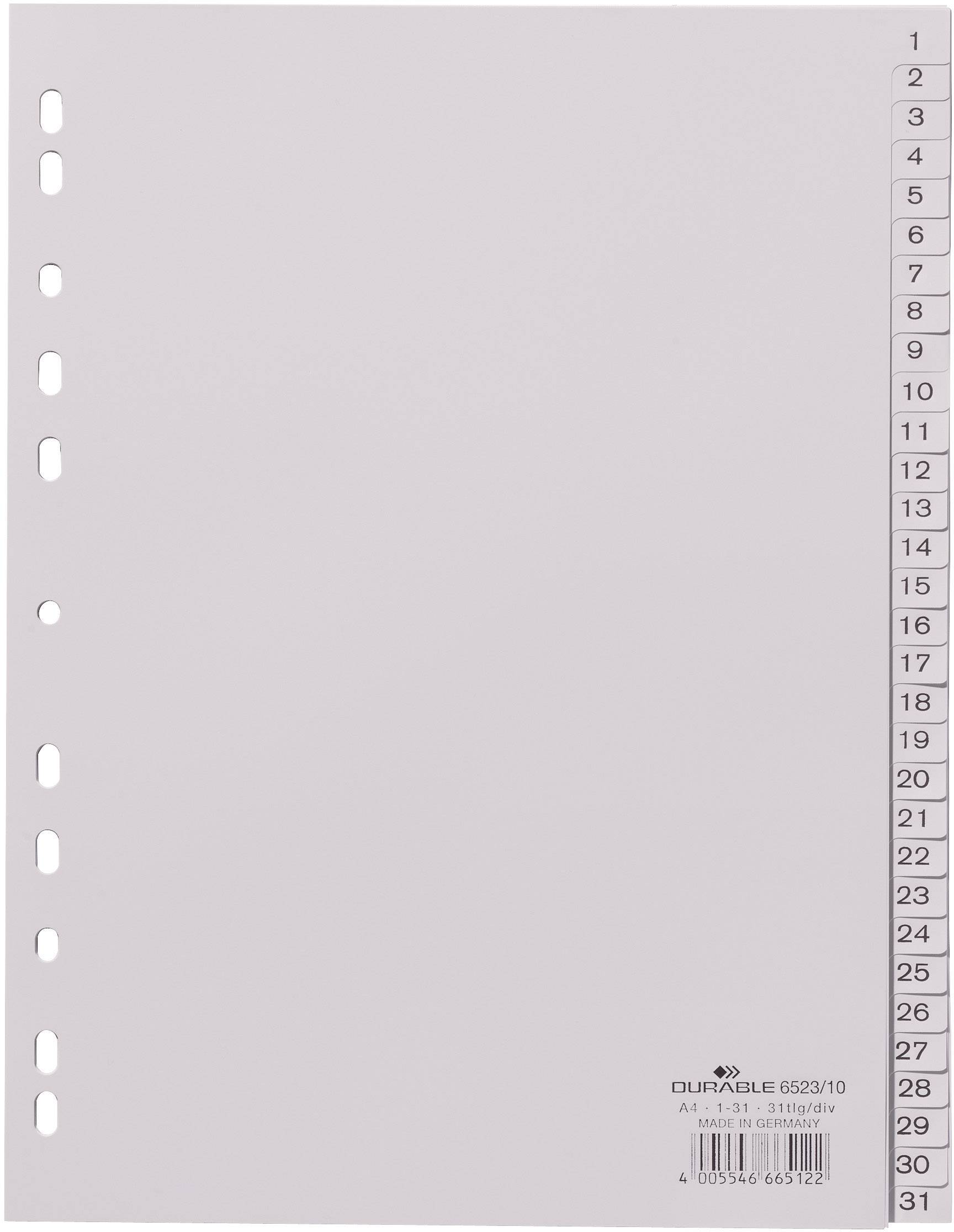 Kalenderregister med tal fra 1 til 31 til højre. Hvid, hullet side med minimalistisk design, egnet til mappe eller bogkalender.