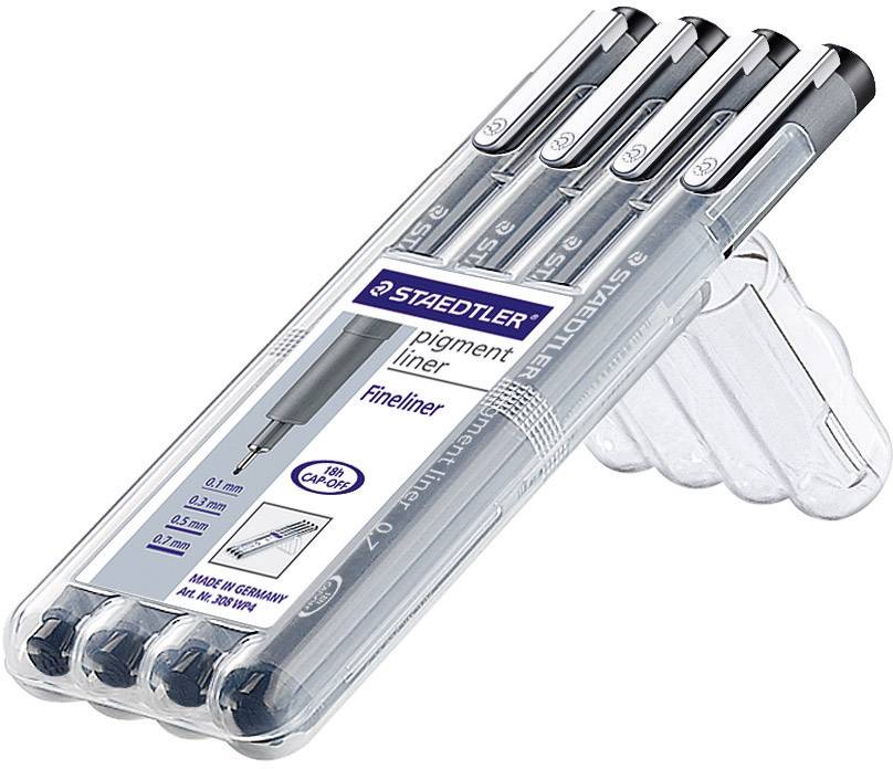 Fire sorte Fineliner fra Staedtler i en gennemsigtig emballage, med forskellige stregtykkelser fra 0,1 til 0,7 mm.