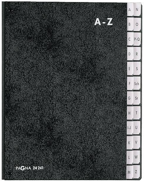 Sort adressebog med register fra A-Z på højre side; firmanavn 'PAGNA 24241' nederst til venstre på forsiden.