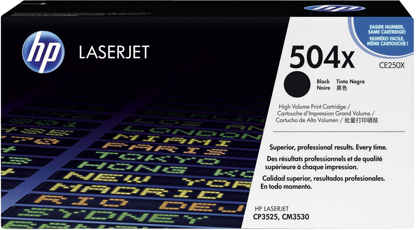 HP LaserJet 504X Tonerpatron i sort. Højvolumen print til modeller CP3525, CM3530. Emballage med farvet tekstmønster.
