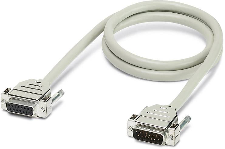 Et grå forbindelseskabel med to 9-benede D-Sub-stik, egnet til seriel dataoverførsel.