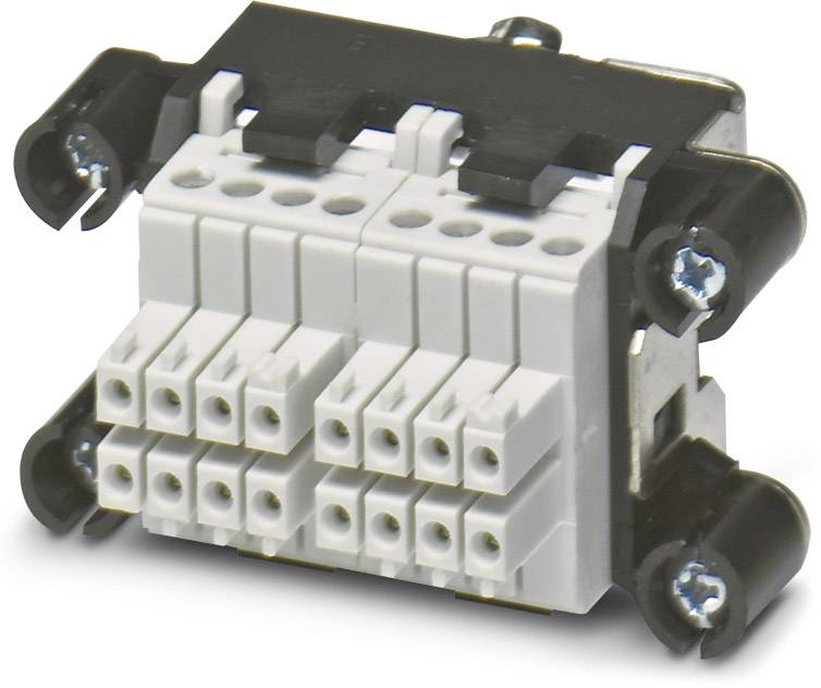 En hvid, rektangulær elektrisk stikforbinder med flere tilslutninger og metalbeslag på siderne.