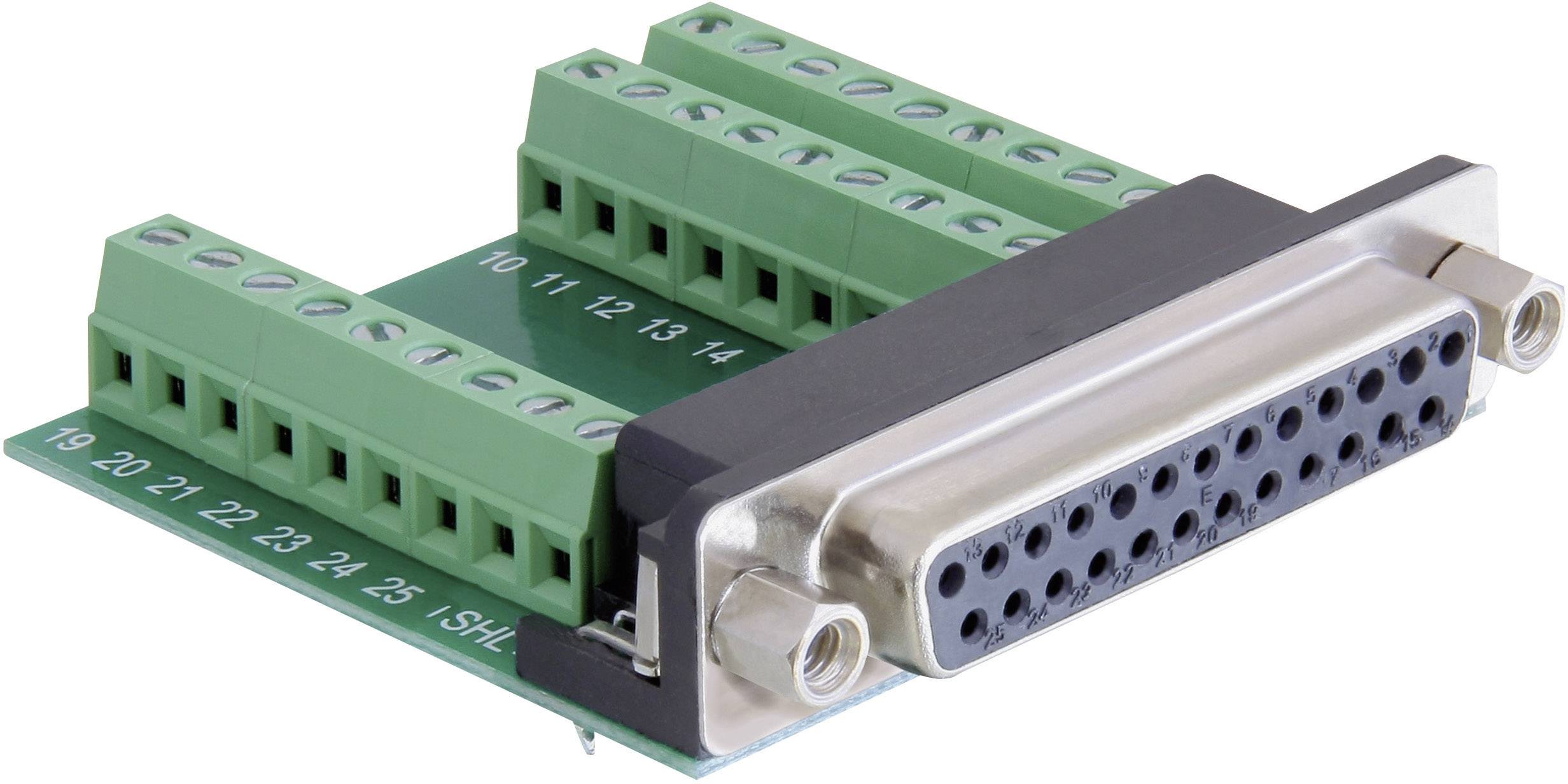 Grøn tilslutningsklemme med 25-polet Sub-D-stik, egnet til elektriske forbindelser og ledningsføring i tekniske applikationer.