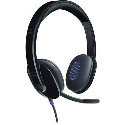 'Sort Logitech-headset med mikrofon og ørekopper med blå og hvide prikker, siddeplaceret lydstyrkeregulering synlig.'