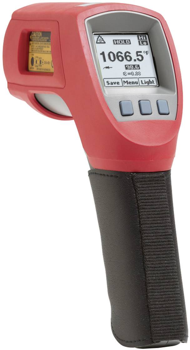Rødt infrarødt termometer med display, der viser temperaturen '1066,5 °F'. Det har knapper til indstillinger og lys.