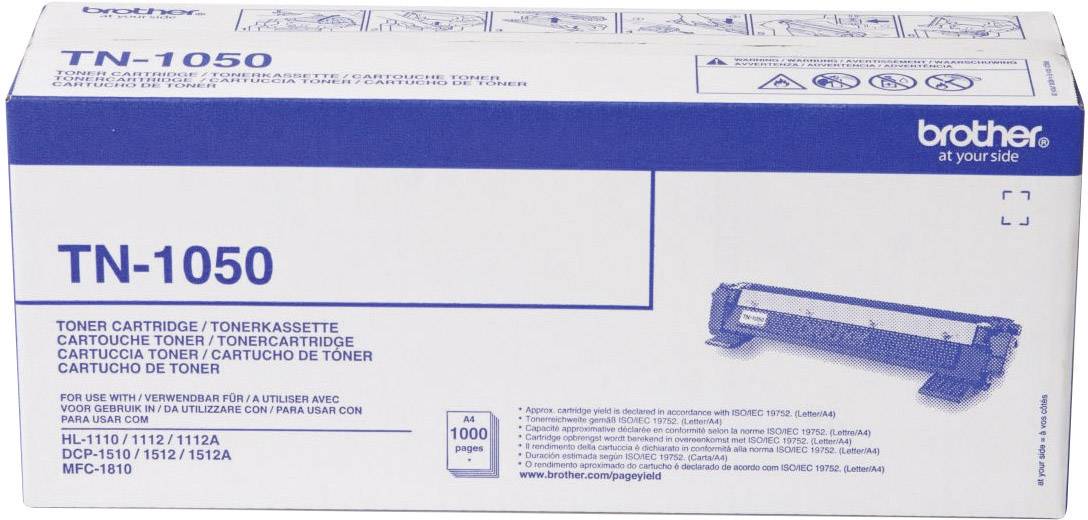 Hvid emballage til en 'Brother TN-1050' tonerpatron. Påtrykt: Kompatible modeller, kapacitet 1000 sider.