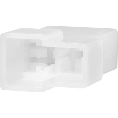 En hvid plastikstik med firkantede stik, sandsynligvis til elektriske forbindelser eller ledningsføring, på hvid baggrund.