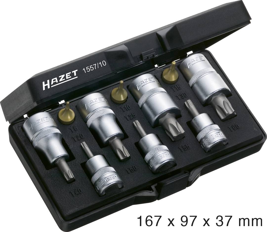 En sort kasse med syv sølvfarvede topnøgler i forskellige størrelser, arrangeret pænt. Tekst på kassen: 'HAZET 1557/10'.