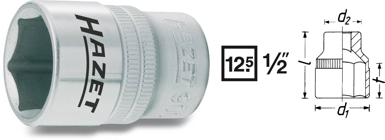 'HAZET' topnøgle, størrelse 12,5 eller 1/2 tomme. Til venstre billede af topnøglen, til højre teknisk tegning med mål.