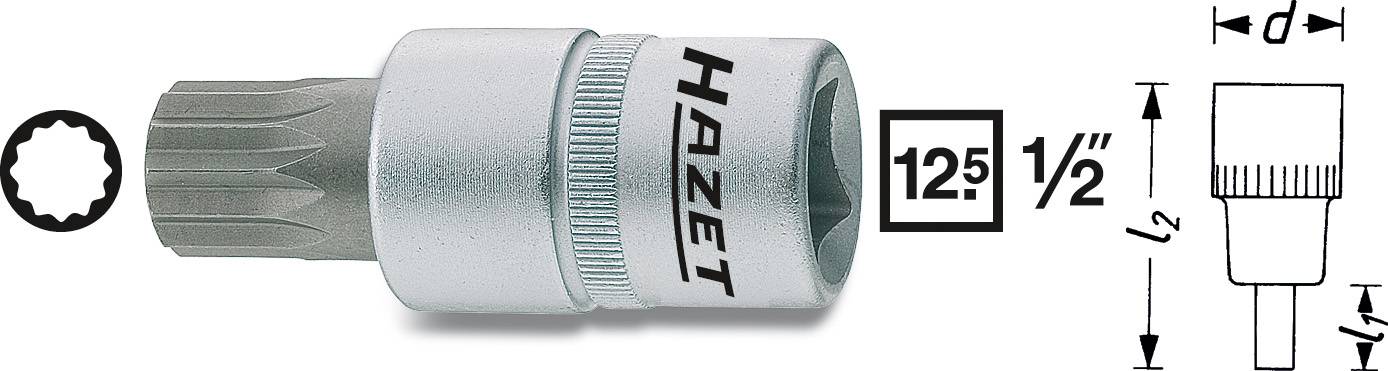 TORX®-bit-topnøgleindstik fra HAZET, kompatibel med 1/2" firkant. Indeholder størrelsesangivelse T50 samt mål for længde og diameter.