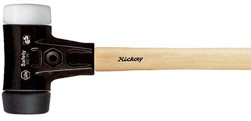 Gummihammer med træskaft, mærket 'Hickory', sort hoved med hvide ender, egnet til præcise, skånsomme slag.