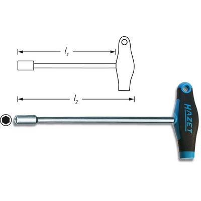 T-nøgle fra Hazet med ergonomisk greb. Tegningen viser mål l₁ og l₂. Egnet til indvendig sekskantskruer.