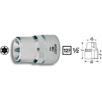 En Hazet topnøgle med betegnelsen '900 E', egnet til 1/2 tomme drev og 12,5 mm størrelse, med specificerede dimensioner.