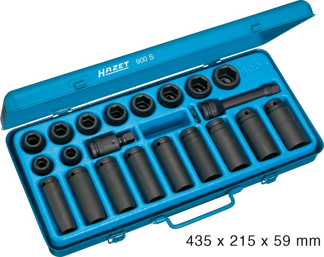 En åben blå værktøjskasse med forskellige topnøgleinsatser og et forlængerrør. Mål: 435 x 215 x 59 mm.