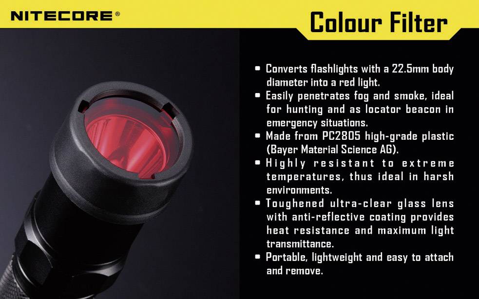 LED-lommelygttilbehør fra Nitecore: omdanner lyset til rødt, gennemtrænger tåge/røg, høj temperaturbestandighed, fremstillet af robust glas og højkvalitets plast.