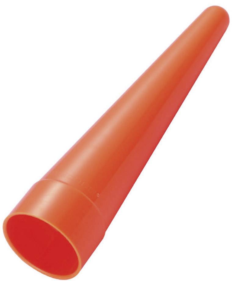 En lang, orange trafikkegle, konisk formet.