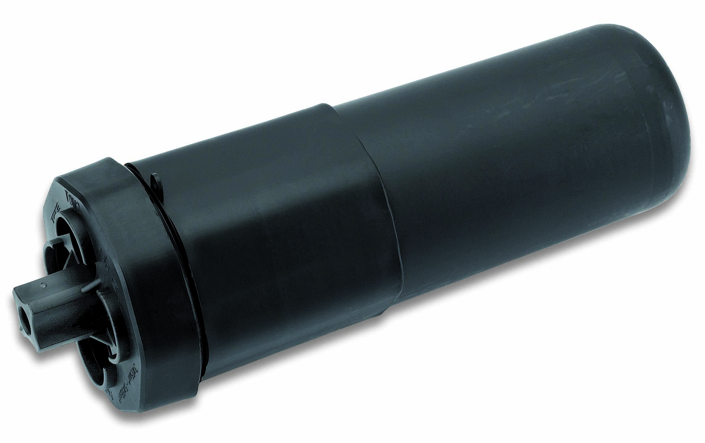 En sort plastisk cylinder, muligvis en del af en mekanisk eller teknisk enhed.