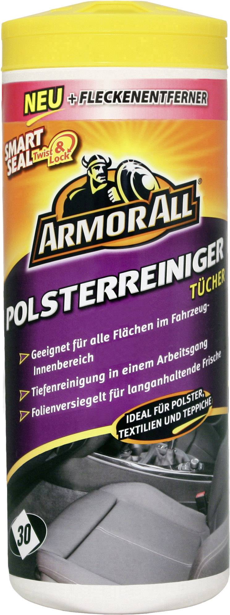 Boks med påskrift 'Armor All Polstervaskeklude'. Egnet til rengøring af bilsæder og tekstiler, indeholder 30 klude.