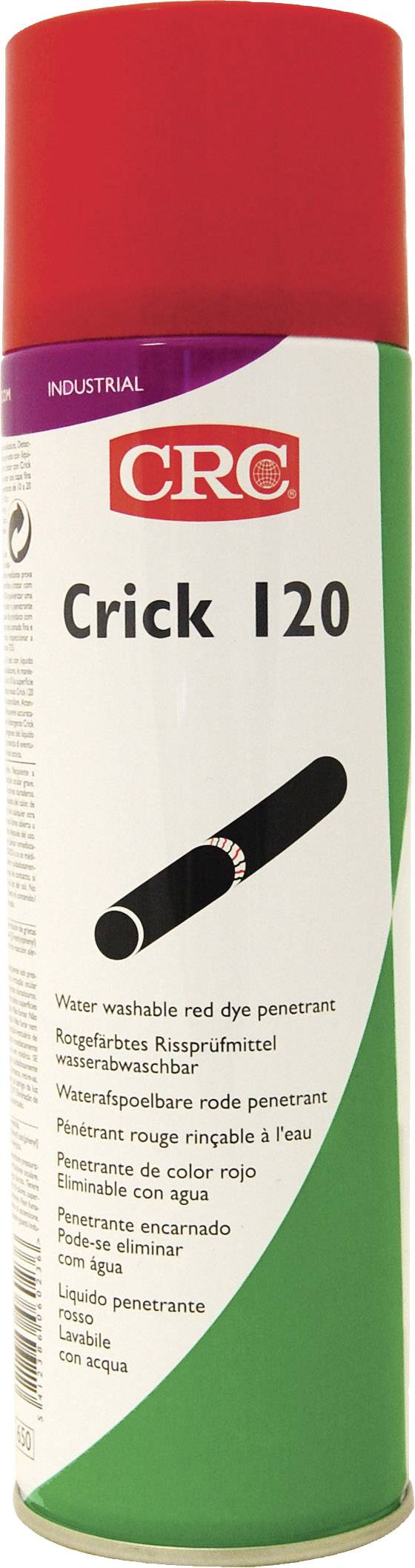 Spraydåse CRC Crick 120 med rødt låg, etiket viser rødt farvestof-penetrant til fejldetektering på overflader.