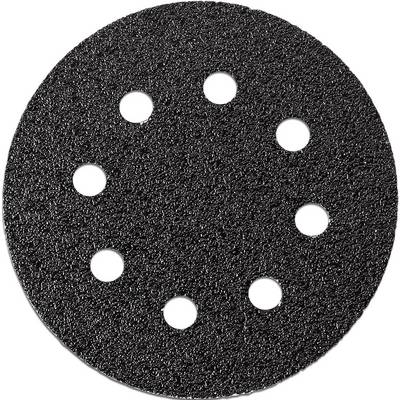 Slibeskive af sort slibepapir med otte huller, rundformet design, til slibning af overflader, størrelsesmæssigt omtrent som en håndflade.