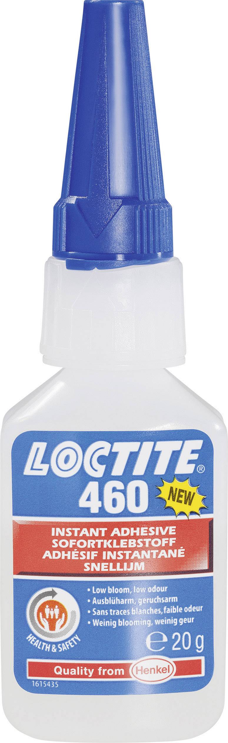 Klisterflaske med blå låg og rødt etiket: 'Loctite 460'. Det er en hurtiglim, vægt 20g.