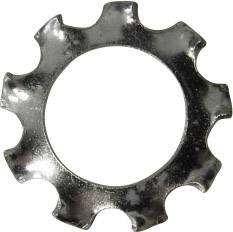 Metallisk tandhjul med otte tænder, blank overflade, set forfra.