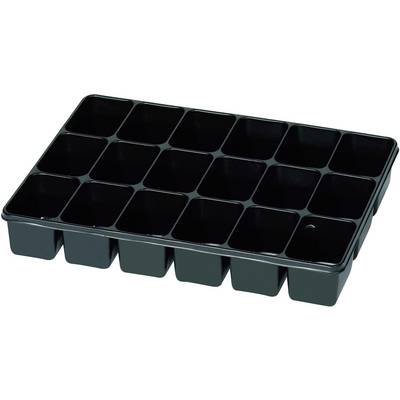 Sort plantningsbakke med 18 rektangulære celler, arrangeret i et 3x6 grid, til frøstart eller småplanter.