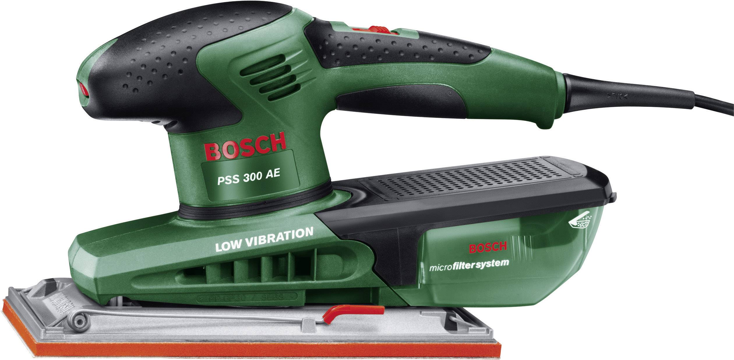 Grøn og sort Bosch PSS 300 AE rysteslibemaskine med rød knap og teksten 'LAV VIBRATION' og 'mikrofiltersystem' på overfladen.