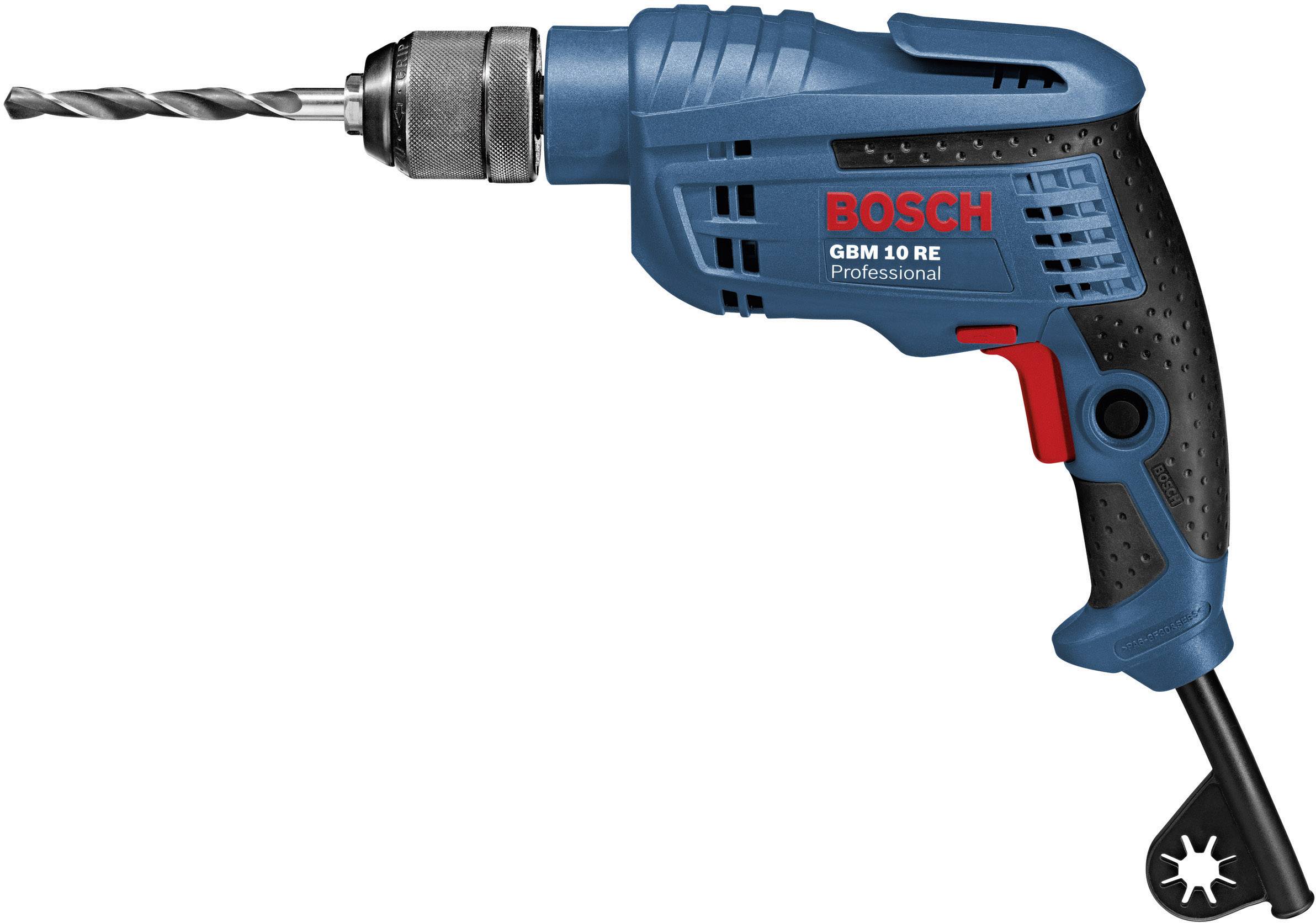 En blå elektrisk håndboremaskine fra Bosch, model GBM 10 RE Professional, sat i med en bor.