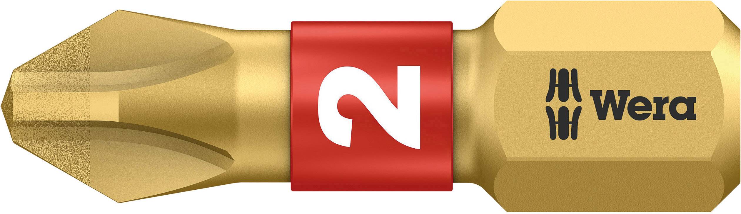 En guldfarvet skruetrækker-bit fra Wera med en rød ring og mærkets logo.