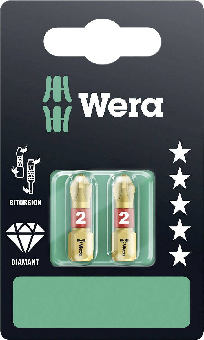 Emballage med to gyldne bits fra mærket Wera, type 2. Indeholder symboler for bitorsion og diamantbelægning.