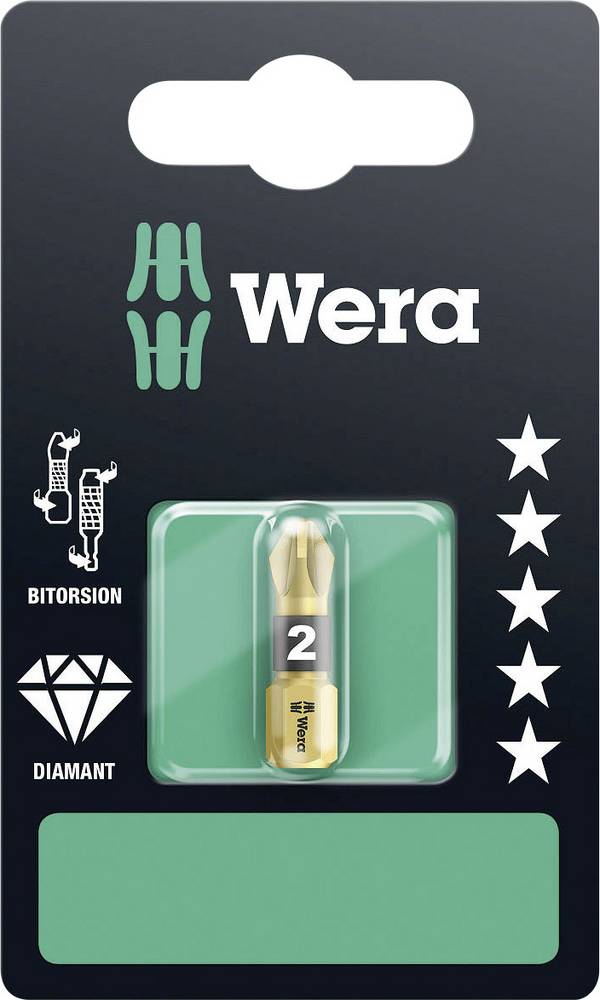 <br> Wera<br> 05073337001<br> 855/1 BDC SB SiS<br> Krydskærv-bit<br> Drev (skruetrækker): 1/4" (6,3 mm)<br> Udgang: Krydskærv Pozidriv<br> PZ 2<br> 25 mm<br>