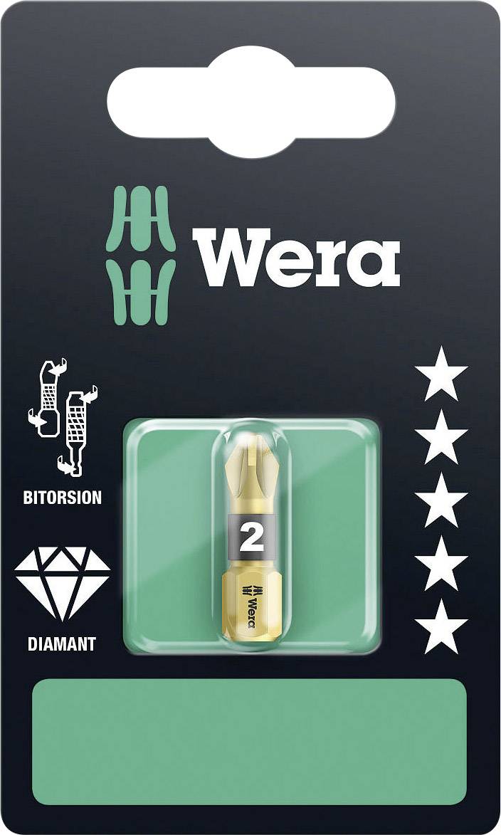 Wera bitsskruer i diamantdesign, størrelse 2, pakket i en sort emballage med Wera-logo og fem stjerner.