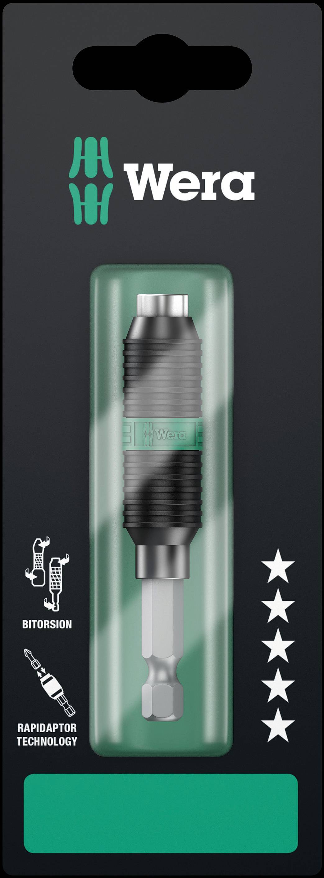 Emballage til en bitsholder fra Wera med Rapidaptor-teknologi. Viser produktets funktion og design.
