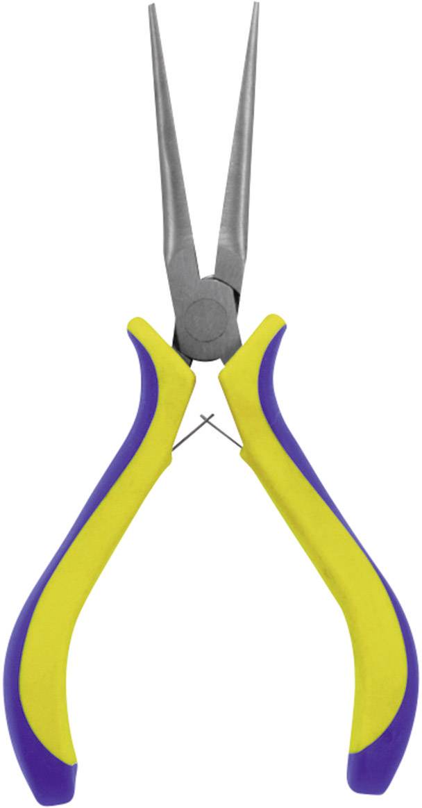 En gul-blå spidstang med lange, smalle klemmer og ergonomiske håndtag. Velegnet til præcisionsopgaver og håndarbejde.