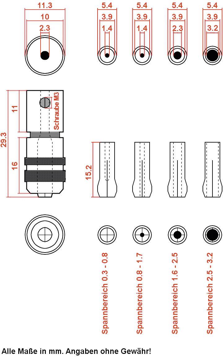 Tegning af et spændpatron med mål. Forskellige visninger og dimensioner vist, spændområde 0,3-3,2 mm. Alle mål i mm.