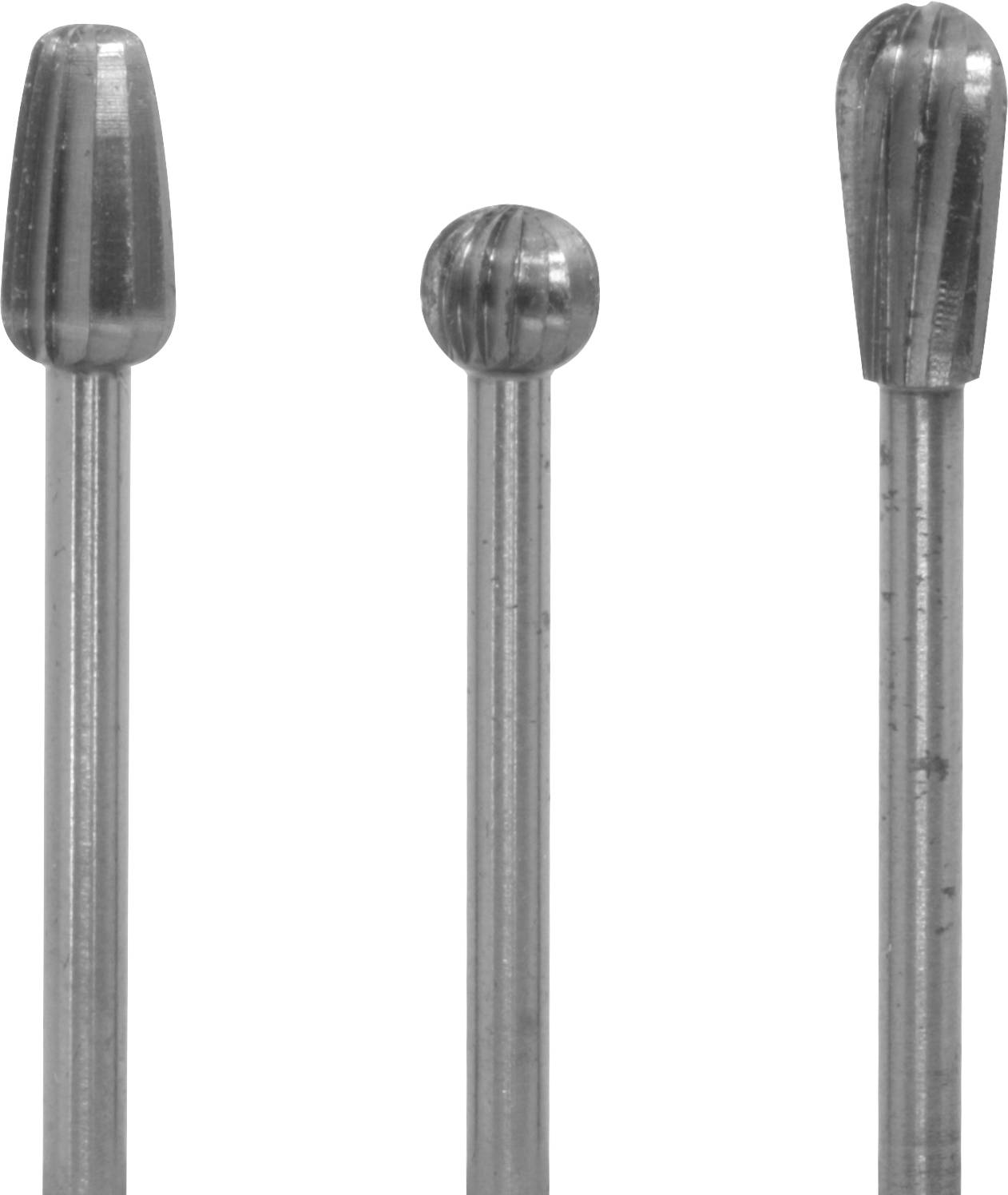 Tre forskellige fræsebor med varierende former på hvid baggrund. De bruges til præcis bearbejdning af materialer.